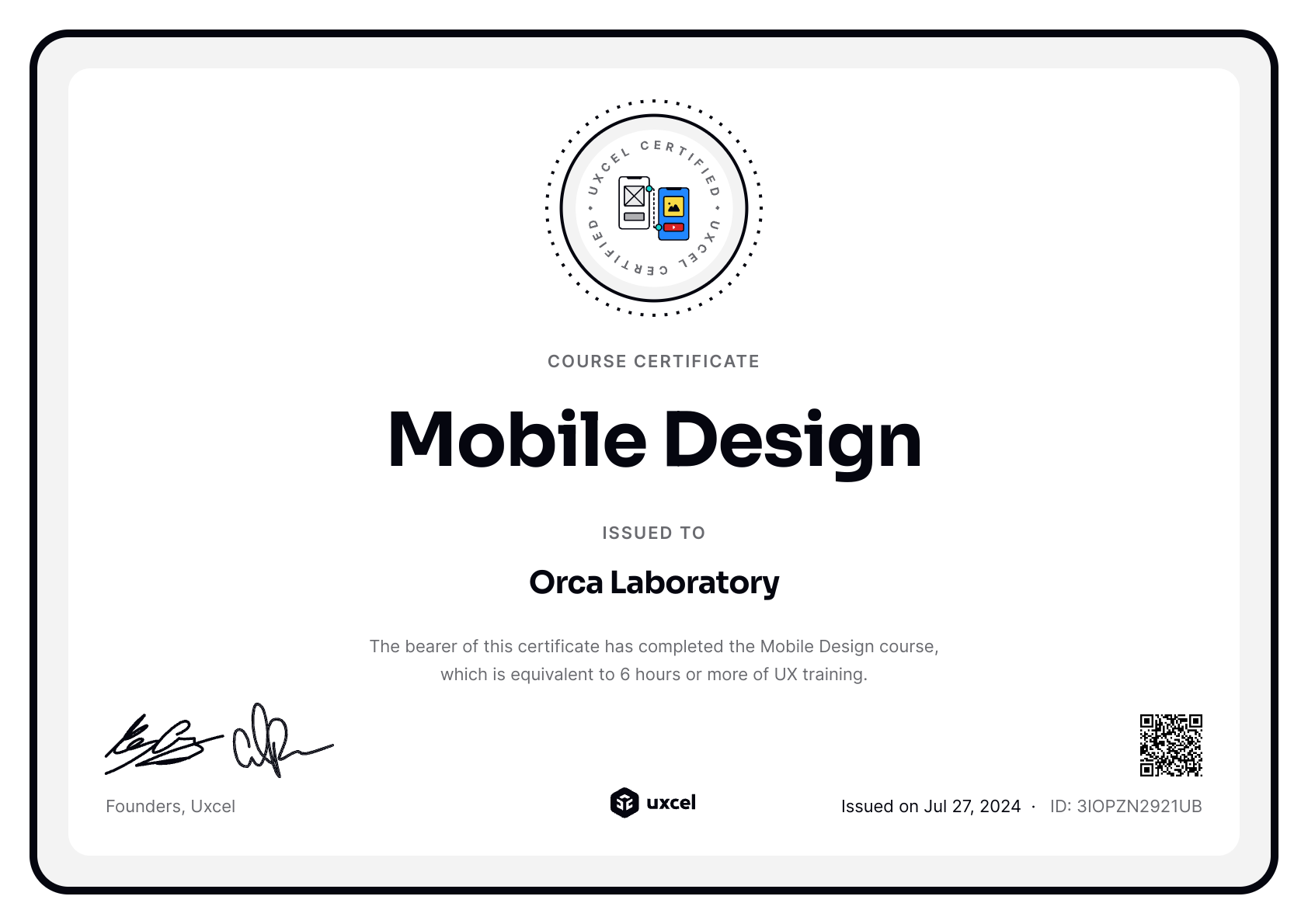 Orca Laboratory's certificate